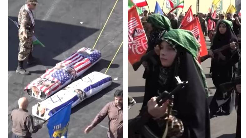 Irã realiza desfile militar com ‘caixões’ de Trump e Netanyahu